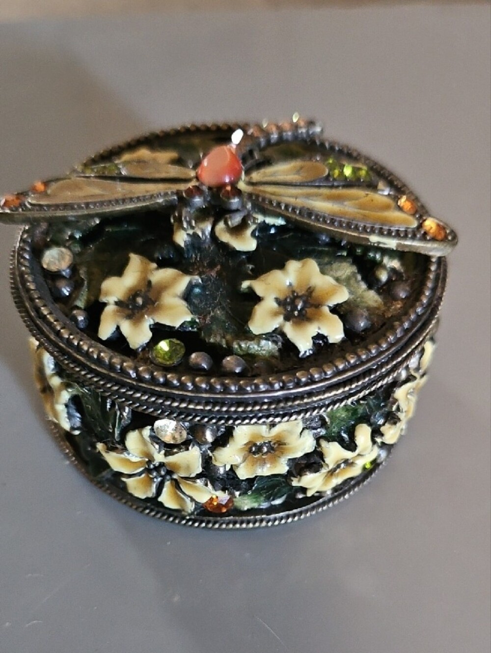 Ornate Green and Cream Dragonfly Trinket Box with Jewel Accents - Picture 2 of 3